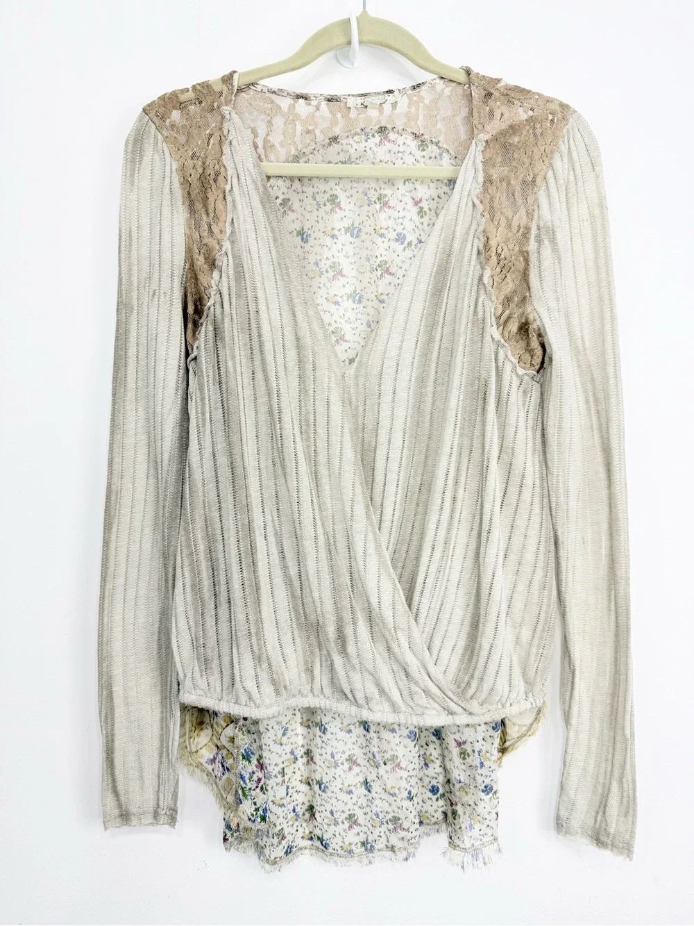 Gimmicks Taupe Floral Panel Semi Sheer Wrap Front Frayed HemBoho Festival Top